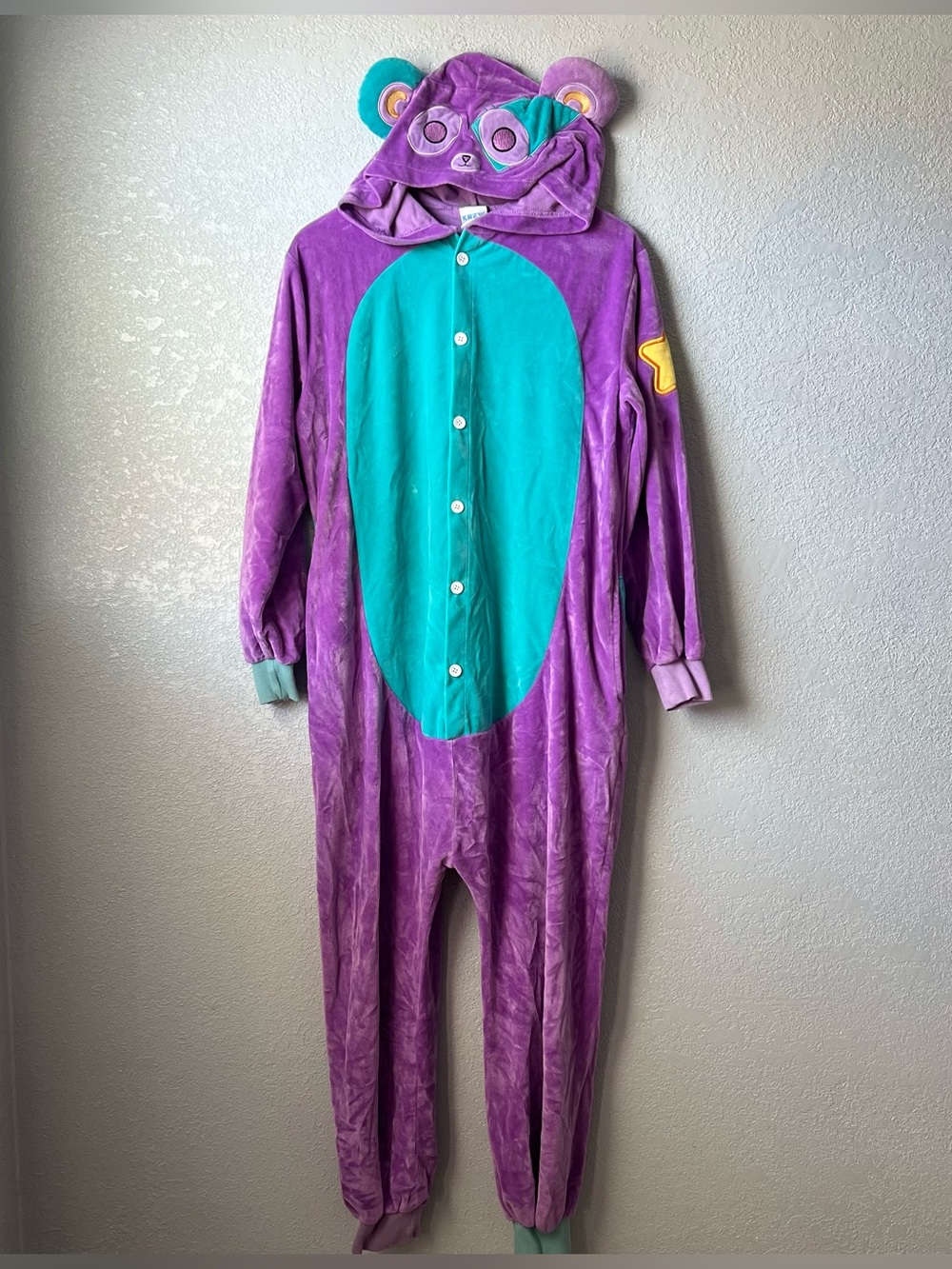 KREW Youth Purple Teal Bear Hooded Plush Onesie Costume Pajamas Jumpsuit XS